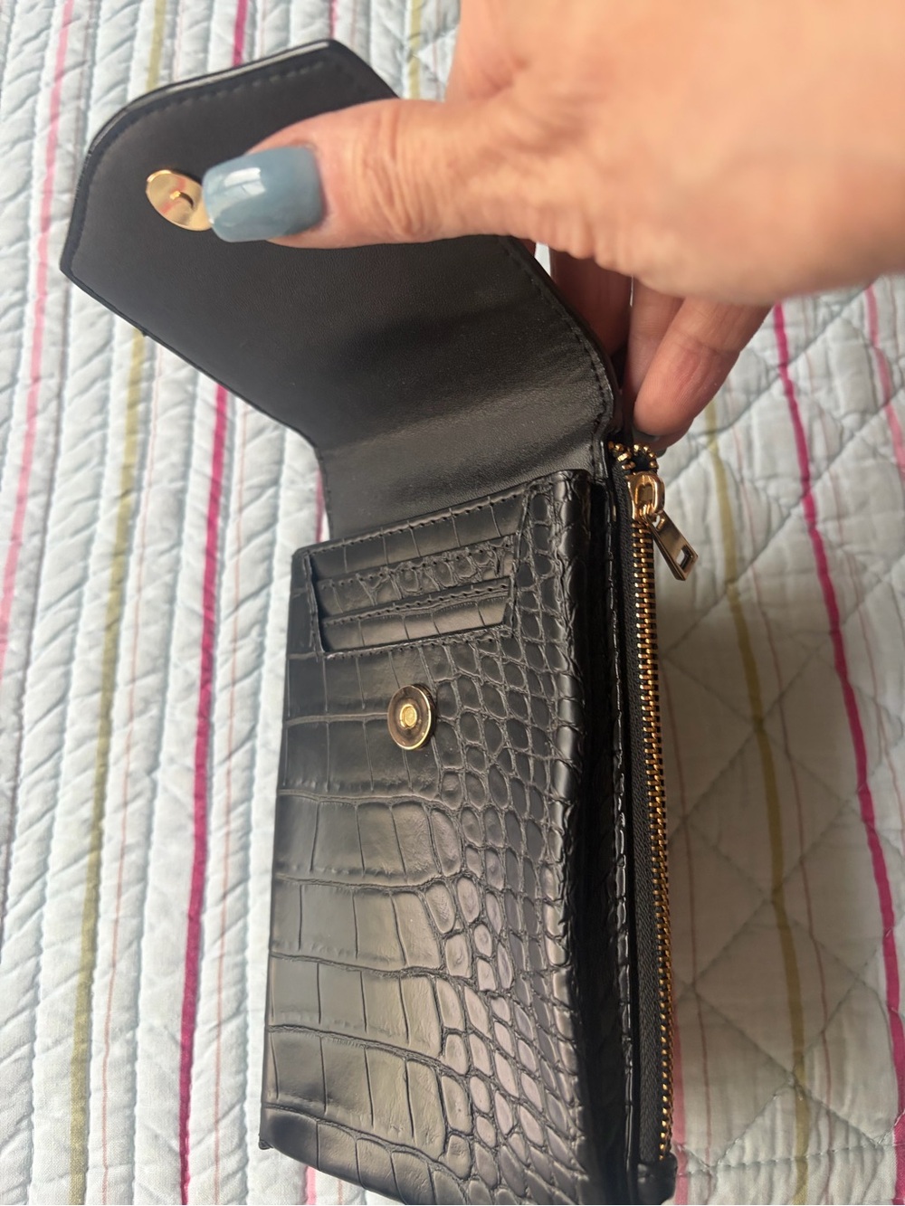 Black Croc-Embossed Leather Wallet Gold Hardware also pink and orange wallet